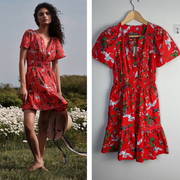 Anthropologie Dresses & Skirts - NEW Anthropologie Somerset Mini Cotton Dress Red Bird Floral Print Pockets XXS